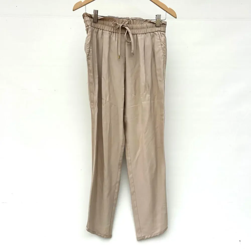 Tory Burch Satin Modal Rayon Tapered Drawstring Pull On Trousers Pants Small Tan